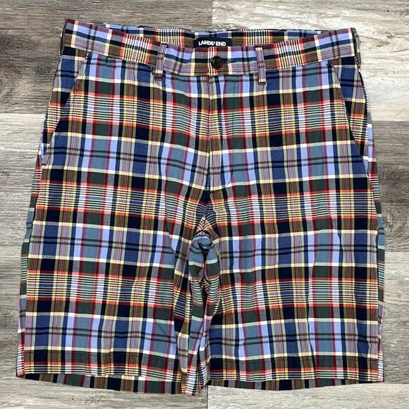 Lands End Shorts Blue Yellow Mens 32 Traditional‎ Fit Madras Plaid Flat Front - Picture 1 of 10